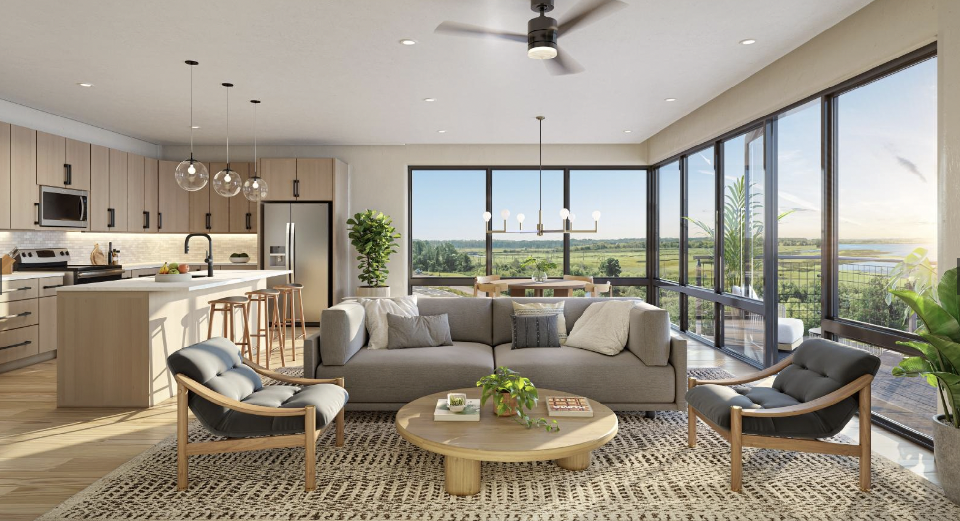 Proximity at Watermark — open-plan living with floor-to-ceiling water views